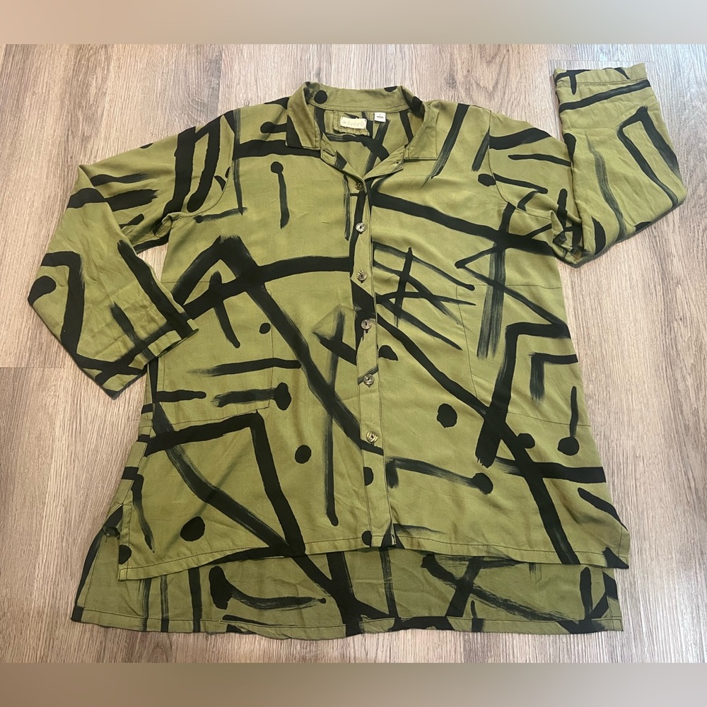 Adverb Batik Art Abstract Monochrome Green A-Line Tunic Top Langelook Shirt Sz S
